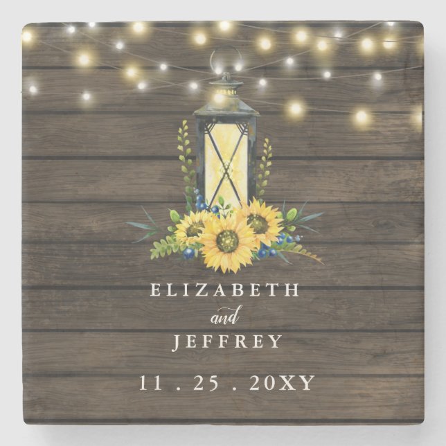 Barn Wood String Lights Sunflowers Wedding  Square Stone Coaster (Front)