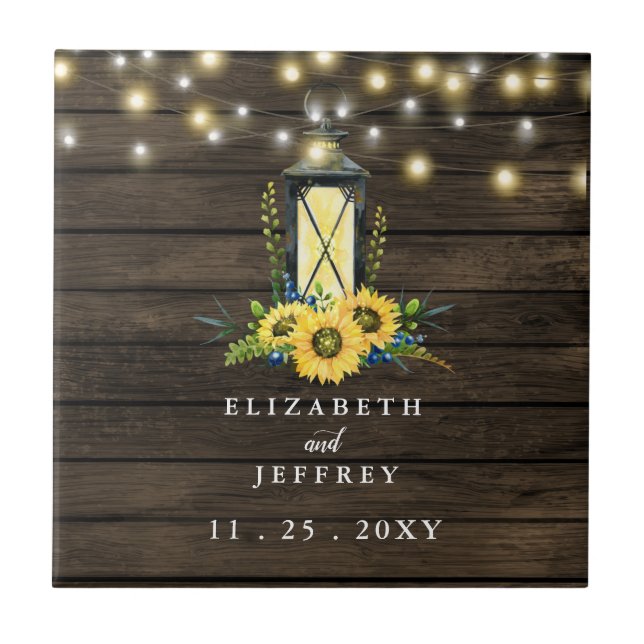 Barn Wood String Lights Sunflowers Wedding   Tile (Front)