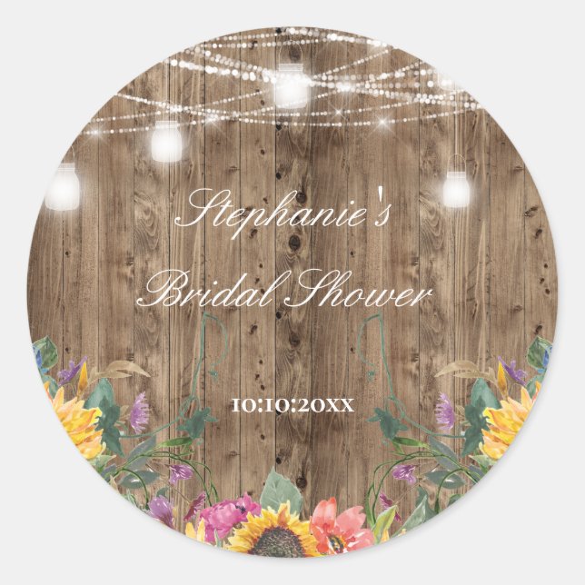 Barn Wood  & Sunflower Bridal Shower Classic Round Sticker (Front)