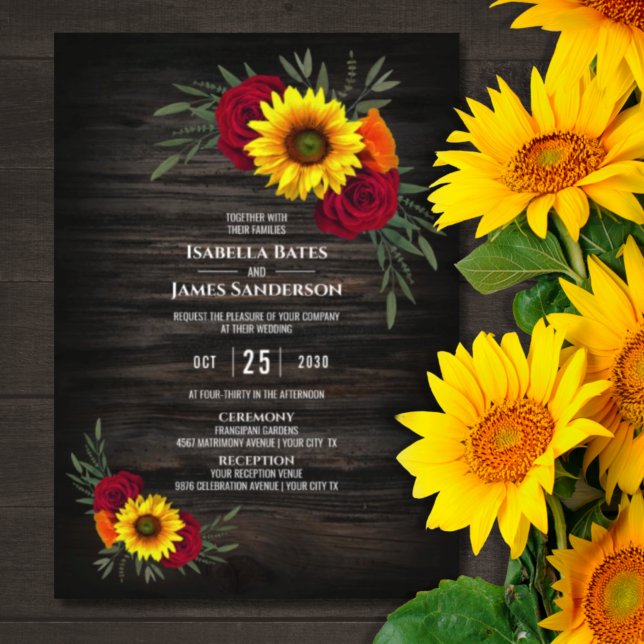 Barn Wood Sunflower Burgundy Rose Wedding Invitation (Creator Uploaded)