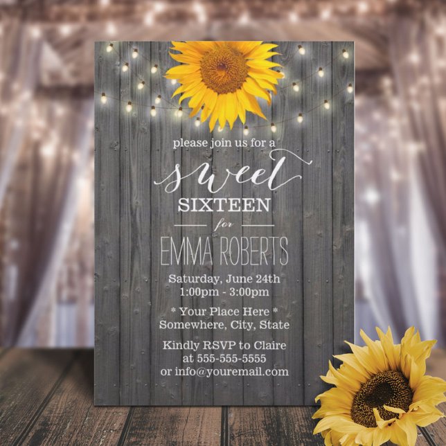 Barn Wood Sunflower & String Lights Sweet 16 Invitation (Creator Uploaded)