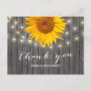 Barn Wood Sunflower & String Lights Thank You Postcard