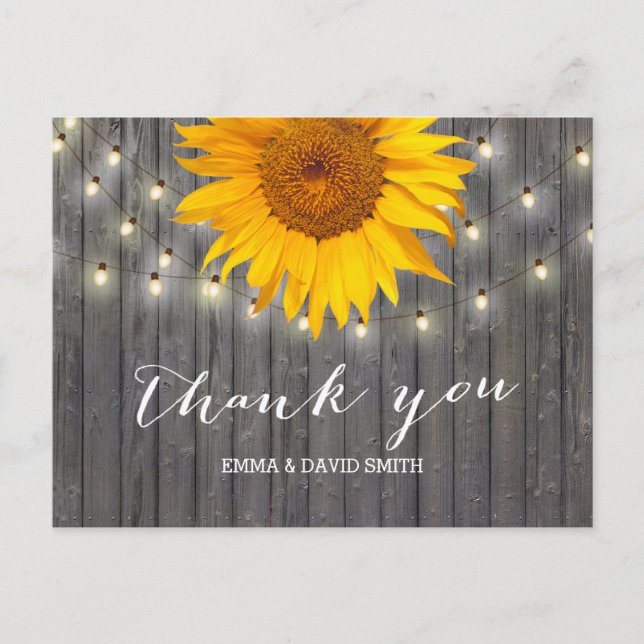 Barn Wood Sunflower & String Lights Thank You Postcard (Front)