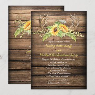 Barn Wood Sunflowers Antlers with RSVP Wedding Invitation