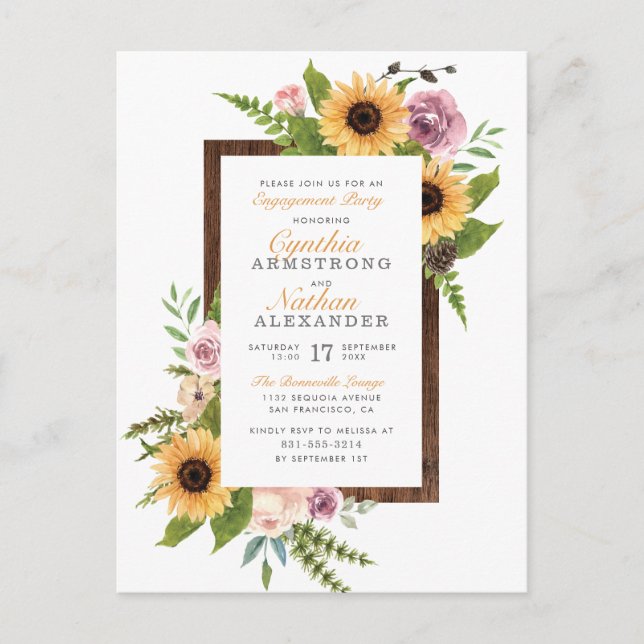 Barn Wood Sunflowers & Roses Engagement Party Invitation Postcard (Front)