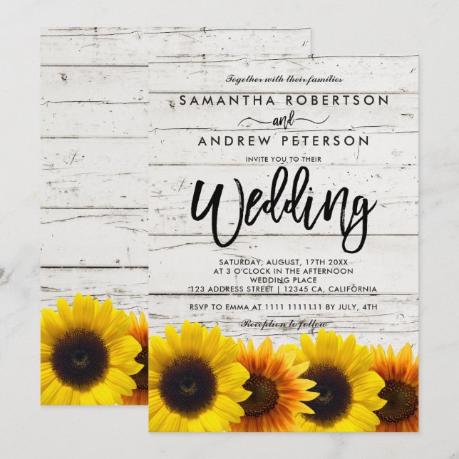 Barn wood sunflowers typography rustic wedding invitation (Front/Back)