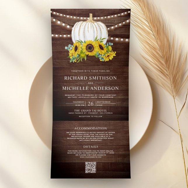 Barn Wood Sunflowers White Pumpkin QR Code Wedding Tri-Fold Invitation (Creator Uploaded)