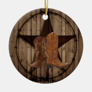 Barn Wood Texas Star western country cowboy boots Ceramic Tree Decoration