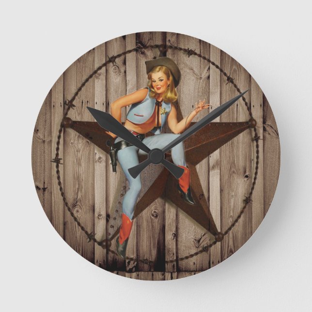 Barn Wood Texas Star western country Cowgirl Round Clock (Front)