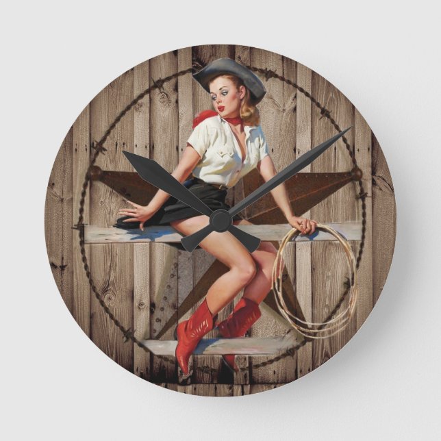 Barn Wood Texas Star western country Cowgirl Round Clock (Front)