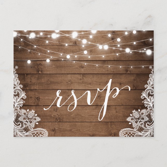 Barn Wood Twinkle Lights Lace Rustic Wedding RSVP Invitation Postcard (Front)
