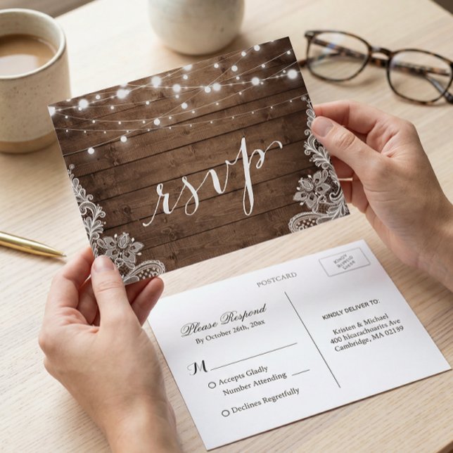 Barn Wood Twinkle Lights Lace Rustic Wedding RSVP Invitation Postcard (Creator Uploaded)