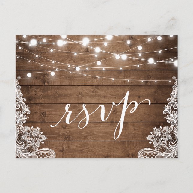 Barn Wood Twinkle Lights Lace Rustic Wedding RSVP Invitation Postcard (Front)