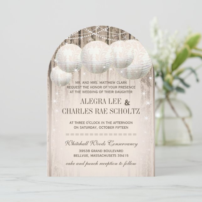 Barn Wood Under the Stars Wedding Paper Lantern Invitation (Standing Front)