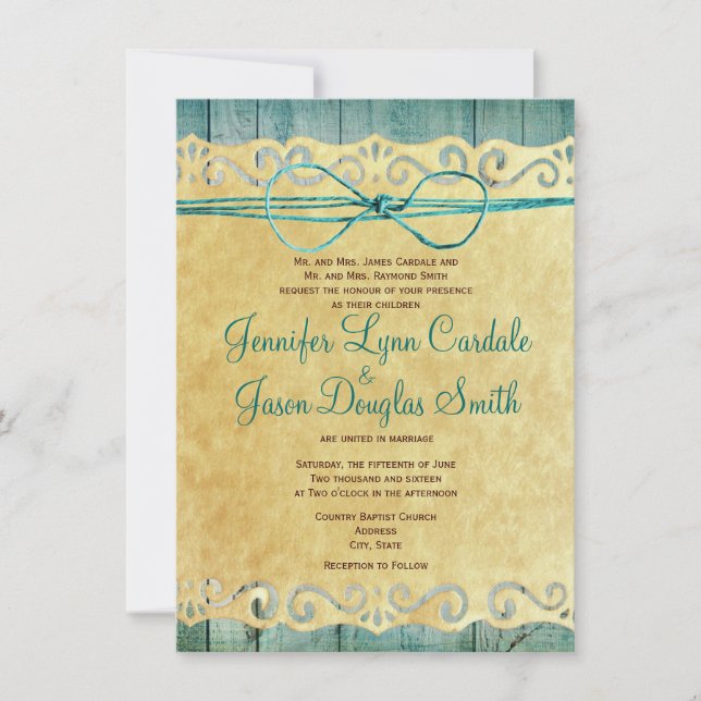 Barn Wood Vintage Paper Teal Wedding Invitation (Front)