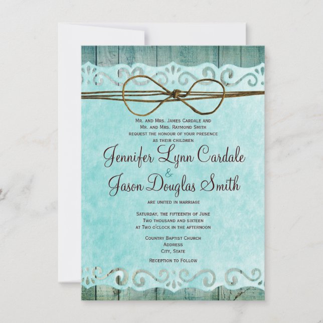 Barn Wood Vintage Paper Teal Wedding Invitation (Front)