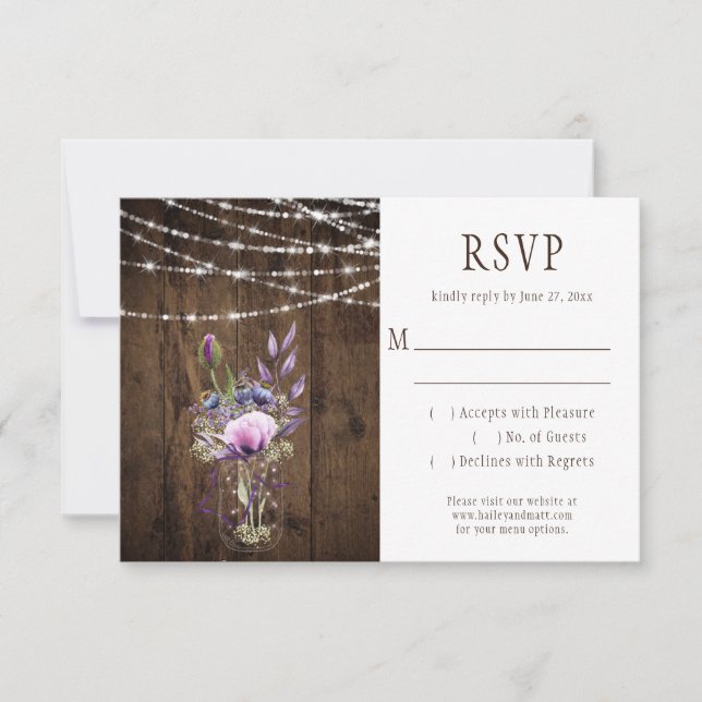 Barn Wood Violet Lavender Flowers Mason Jar RSVP (Front)