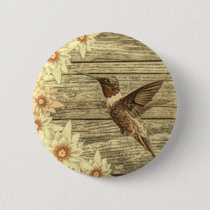 Barn wood white daisy french country hummingbird 6 cm round badge