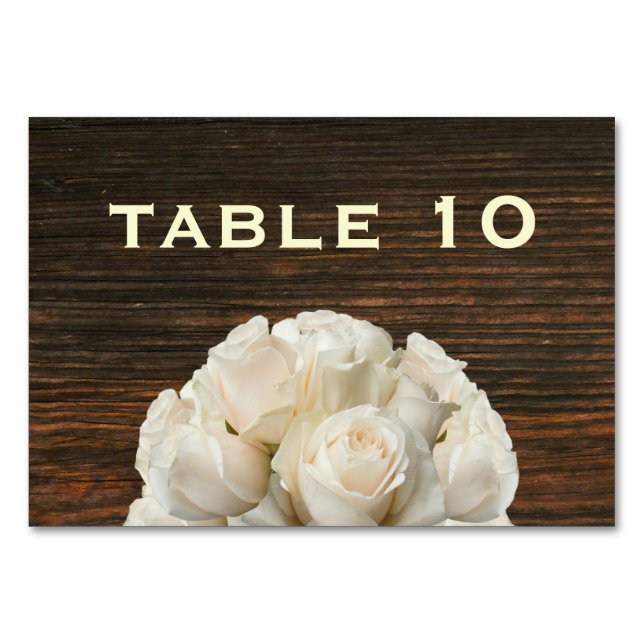Barn Wood & White Roses Wedding Table Card (Front)