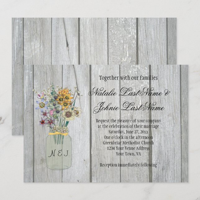 Barn Wood Wildflowers Mason Jar Ribbon Wedding Invitation (Front/Back)