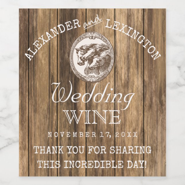 Barn Wood With Horses Rustic Country Ranch Wedding Wine Label (Single Label)