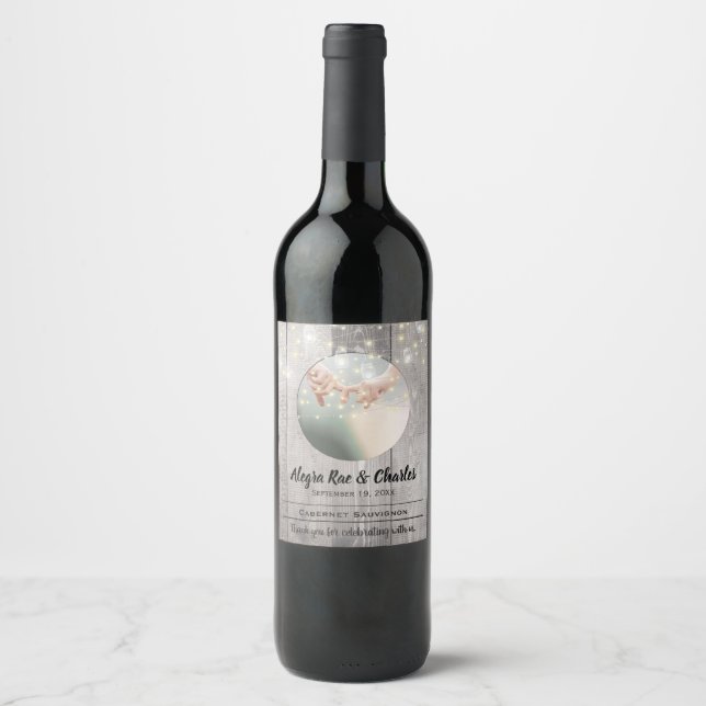 Barn Wood Your Photo Date Names Wedding Wine Label (Front)