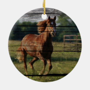Barn Woodgrain Country Ranch Galloping Brown Horse Ceramic Tree Decoration