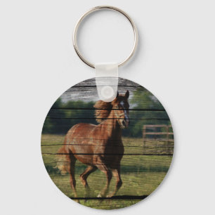 Barn Woodgrain Country Ranch Galloping Brown Horse Key Ring