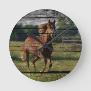 Barn Woodgrain Country Ranch Galloping Brown Horse Round Clock
