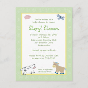 Barn Yard Farm Animals Green Swirl Baby Shower Invitation