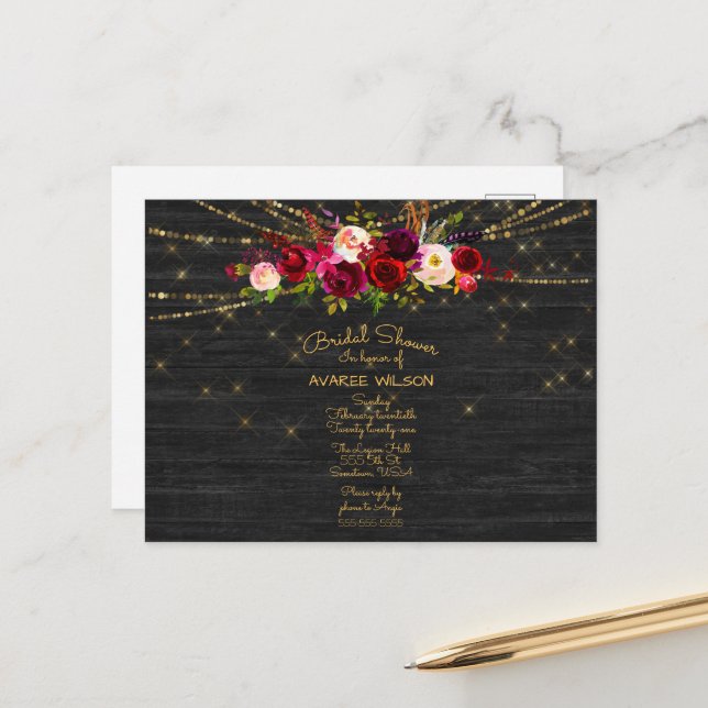  Barnboard String Lights Red Roses Bridal Shower Postcard (Front/Back In Situ)
