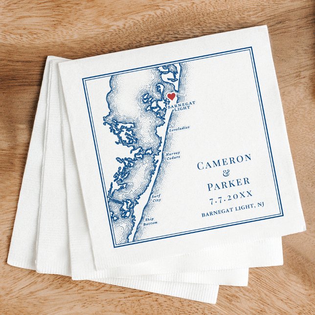 Barnegat Light NJ Map Navy Elegant Wedding Napkin (Barnegat Light NJ Wedding Napkins Long Beach Island Jersey Shore Map by Coastal Map Designs)