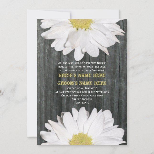 Barnwood and Daisy Wedding Invitation (Front)
