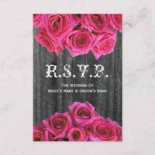 Barnwood and Hot Pink Roses Wedding Small RSVP Card