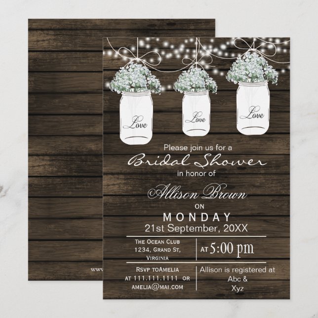 Barnwood babys breath mason jar bridal shower invitation (Front/Back)