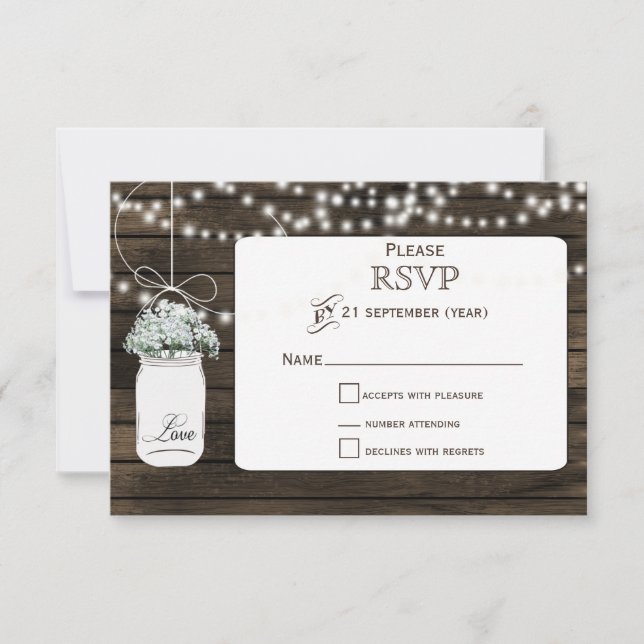 Barnwood baby's breath mason jar RSVP 3.5 x 5 (Front)