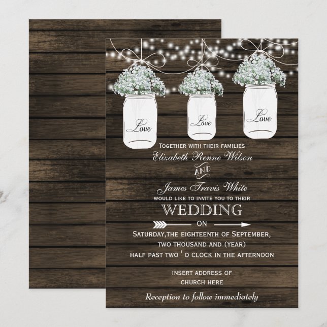 Barnwood baby's breath mason jar wedding invites (Front/Back)