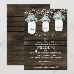 Barnwood baby's breath mason jar wedding invites