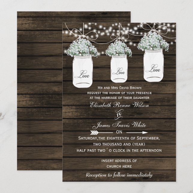 Barnwood baby's breath mason jar wedding invites (Front/Back)