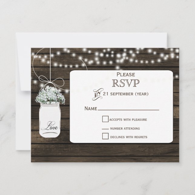 Barnwood baby's breath mason jars wedding RSVP (Front)