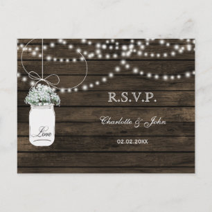 Barnwood baby's breath mason jars wedding RSVP Invitation Postcard
