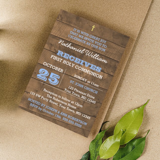 Barnwood Blue First Communion Invitation (Creator Uploaded)