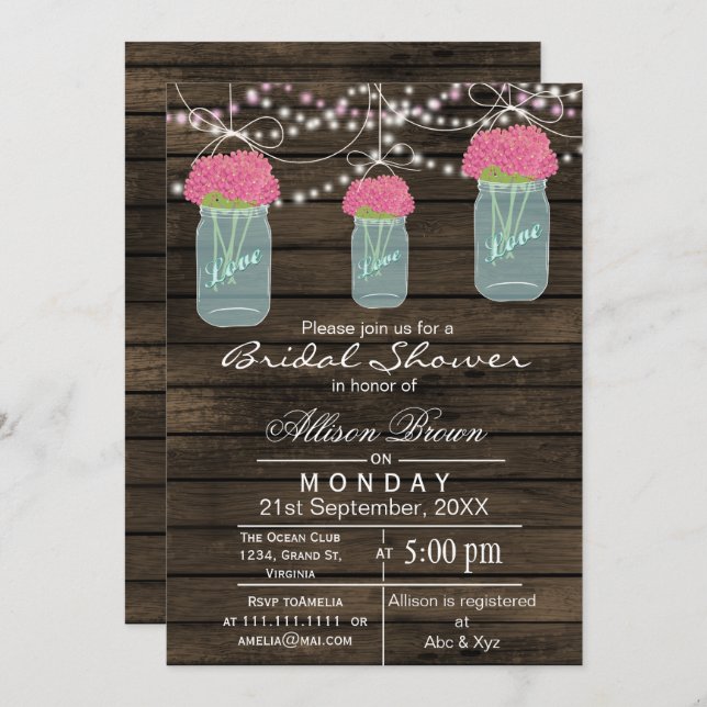 Barnwood  blue mason jar rustic bridal shower invitation (Front/Back)