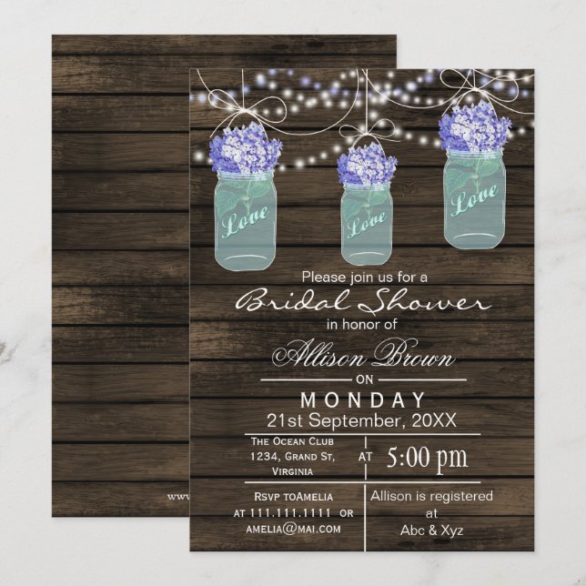 Barnwood blue mason jar rustic bridal shower invitation (Front/Back)