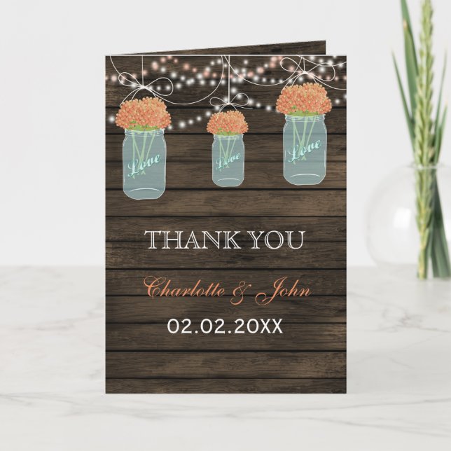 Barnwood coral floral mason jars  Thank You Card (Front)