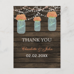 Barnwood coral flowers mason jars Thank You notes Postcard