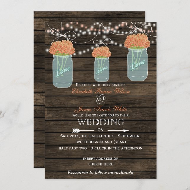 Barnwood, coral mason jar wedding invitations (Front/Back)