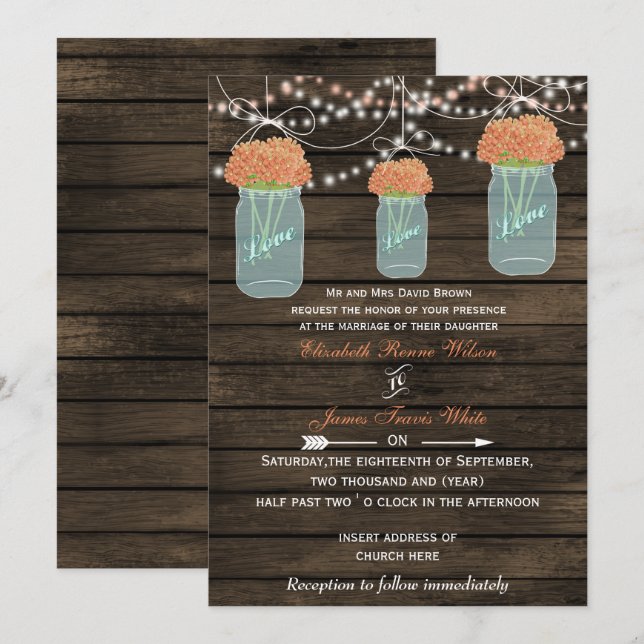 Barnwood, coral mason jar wedding invites (Front/Back)