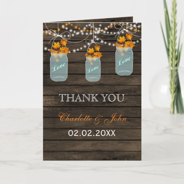 Barnwood  fall leaves mason jars Thank You cards (Front)