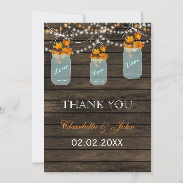 Barnwood fall leaves mason jars Thank You Invitation (Front)